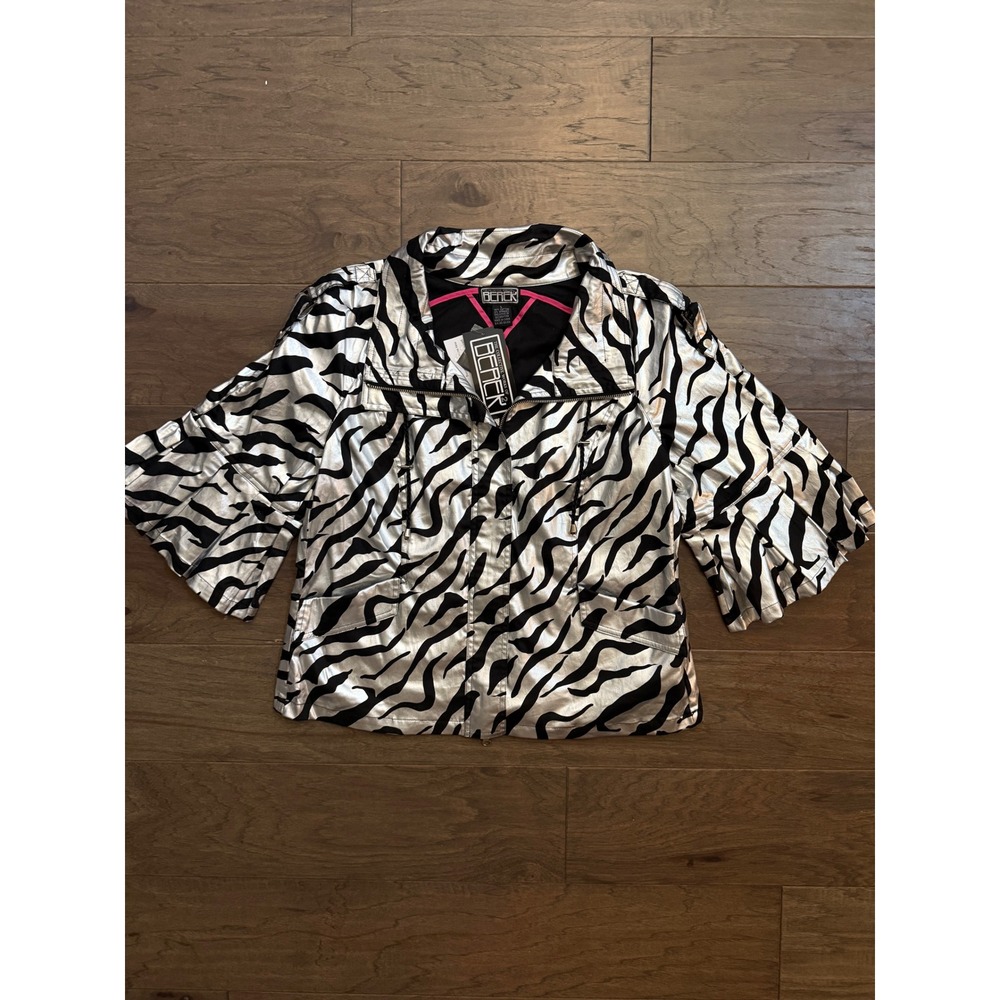 NWT Berek Womens Silver Zebra Print Metallic Jacket Pleated Bell Sleeve‎ Size L